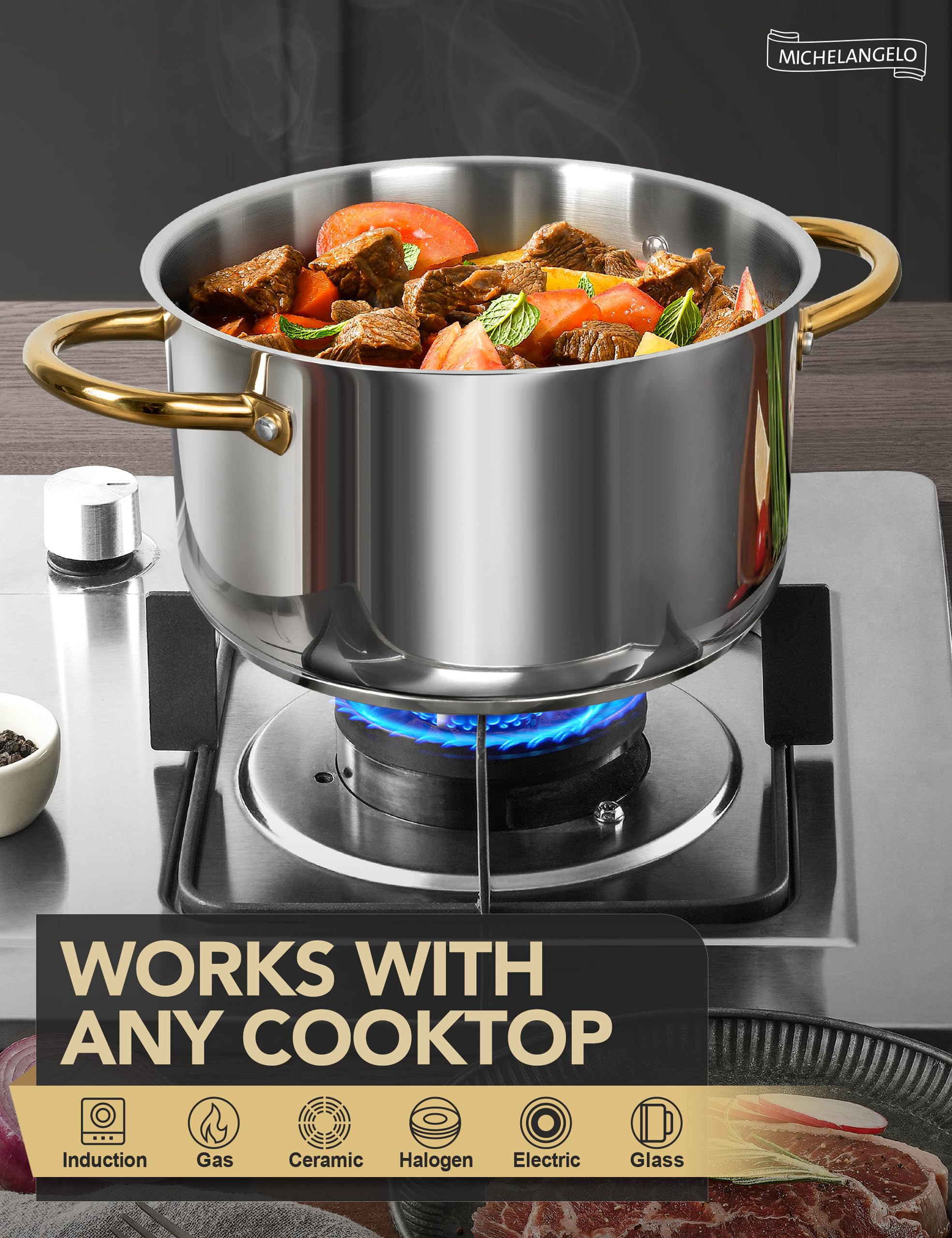 MICHELANGELO induction-compatible stock pot works on all cooktops for versatile cooking.