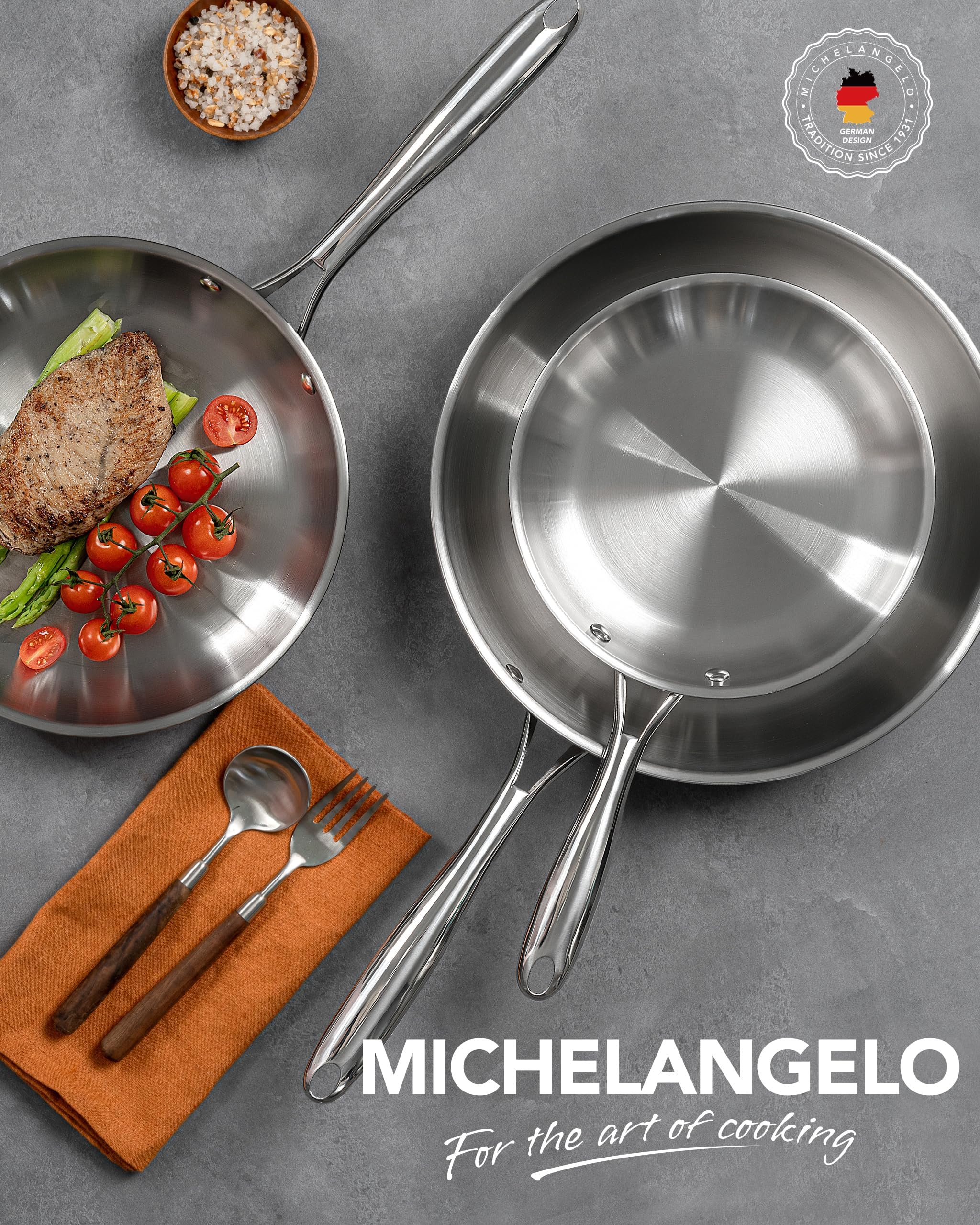 MICHELANGELO kitchen scene with pans ready for cooking.