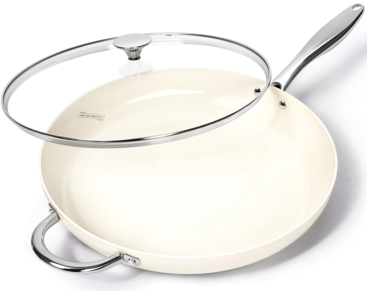 Michelangelo large frying pan with lid on stove showing even heat distribution