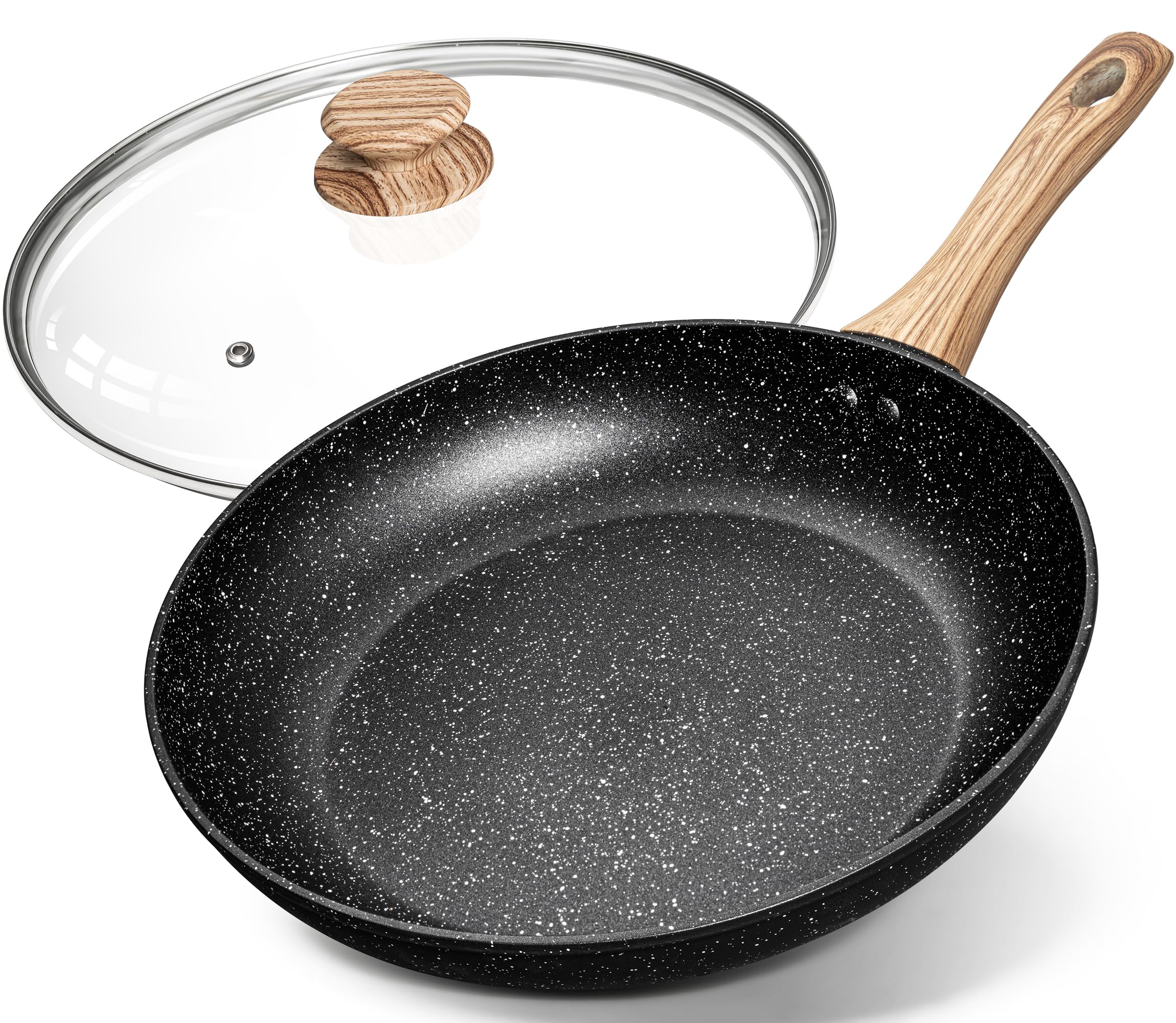 Michelangelo 12-inch nonstick frying pan with glass lid for even cooking.