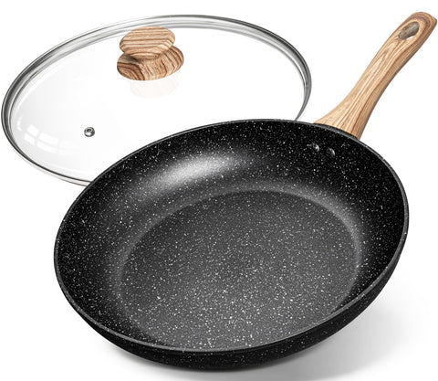 Michelangelo 12-inch nonstick frying pan with glass lid for even cooking.
