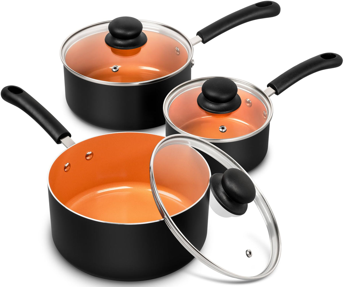 Michelangelo 1qt nonstick sauce pan with lid for fast, easy sauce preparation.