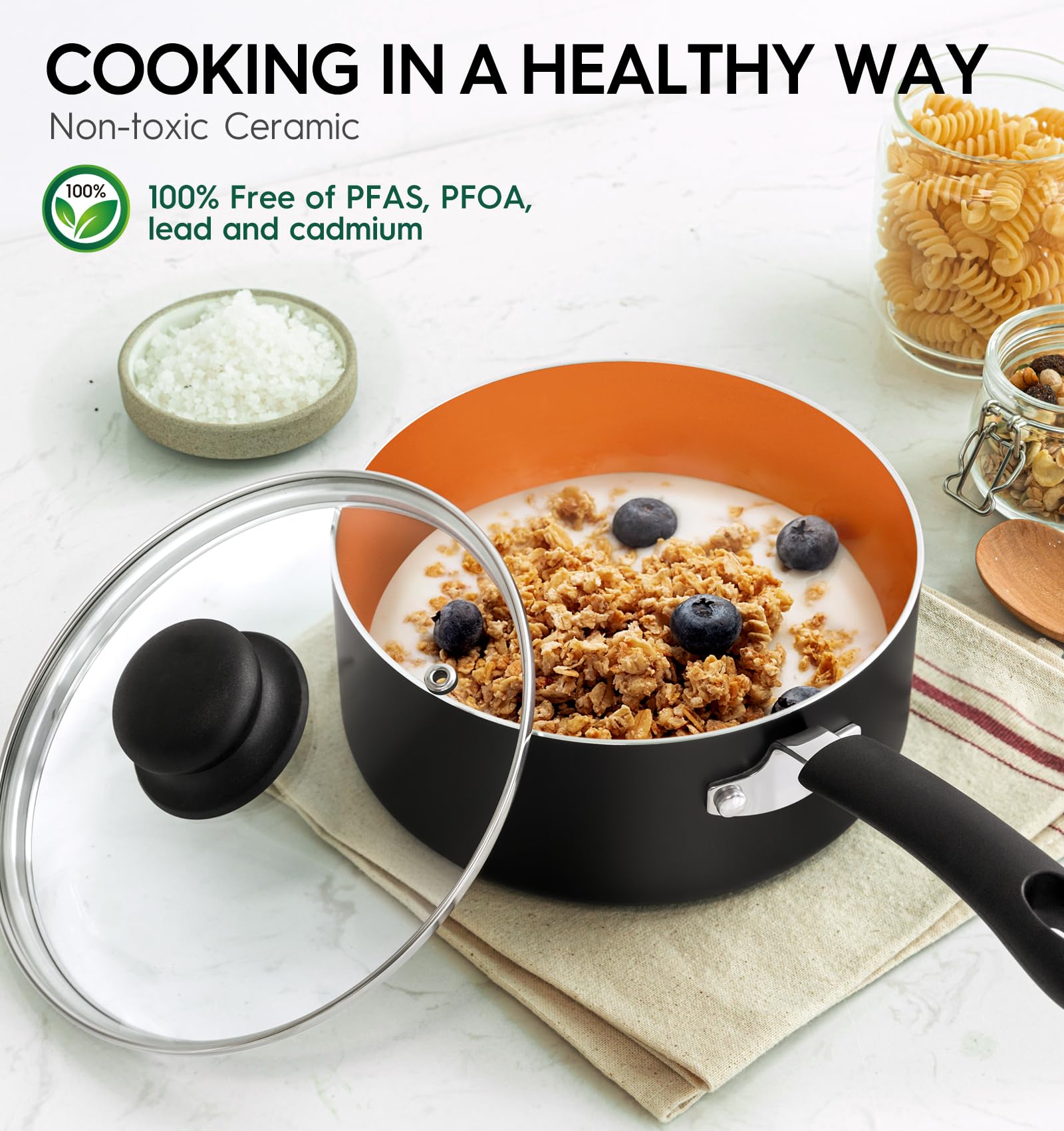 Michelangelo 2qt nonstick pan with lid ideal for soups and stews.