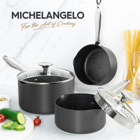 Michelangelo oven-safe up to 450F and induction compatible for versatile cooking.
