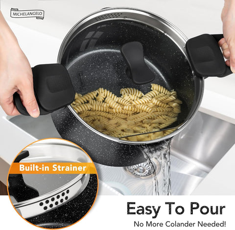 Michelangelo pasta pot aluminum construction delivers even heat across the pot