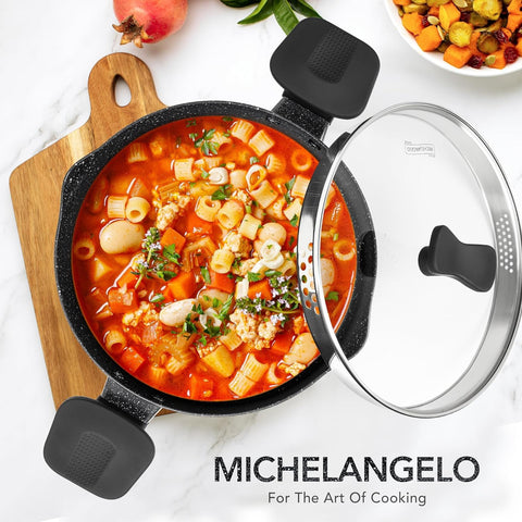 Michelangelo pasta pot supports seafood, pasta, vegetables, and soups with ease