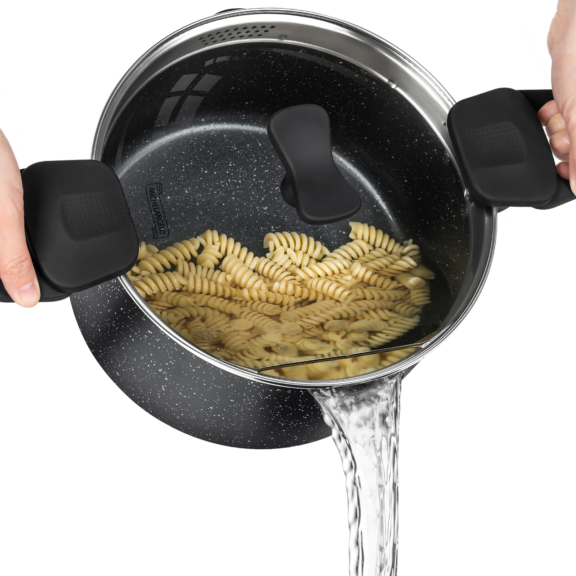 Michelangelo pasta pot with strainer lid shows easy draining for al dente pasta