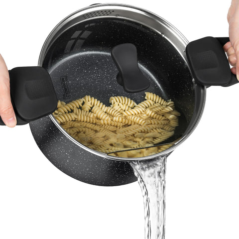 Michelangelo pasta pot with strainer lid shows easy draining for al dente pasta