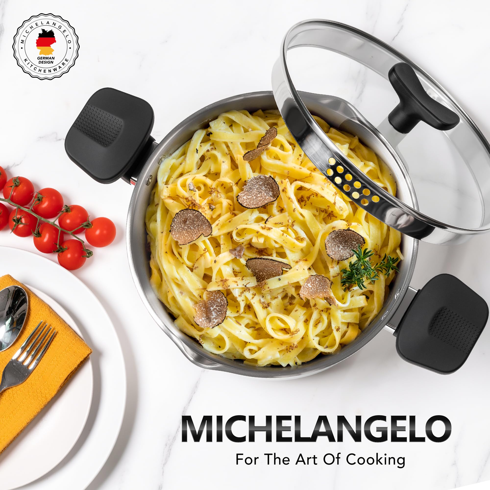 MICHELANGELO pasta pot with drain and lid for convenient one-pot meals