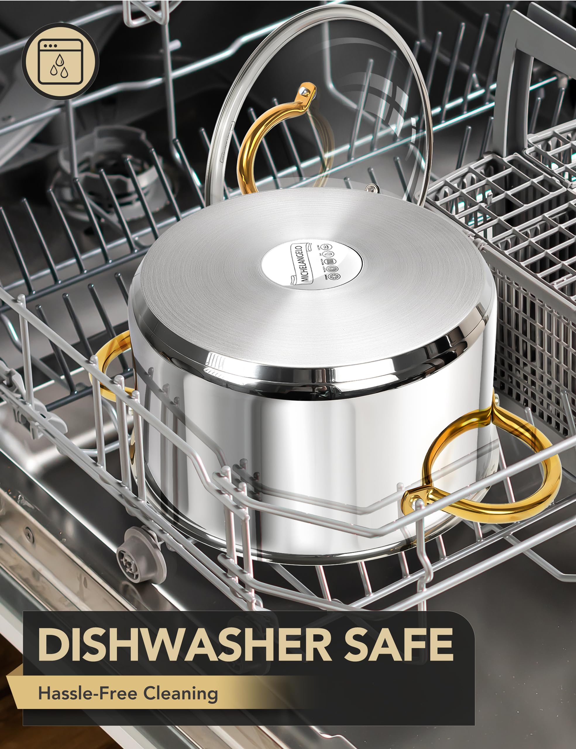 MICHELANGELO stock pot is oven and dishwasher safe for easy cleanup.