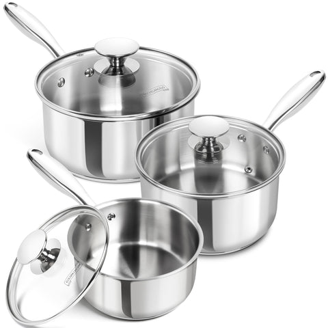 Michelangelo sauce pan 1qt with lid on stove for precise small-batch cooking.