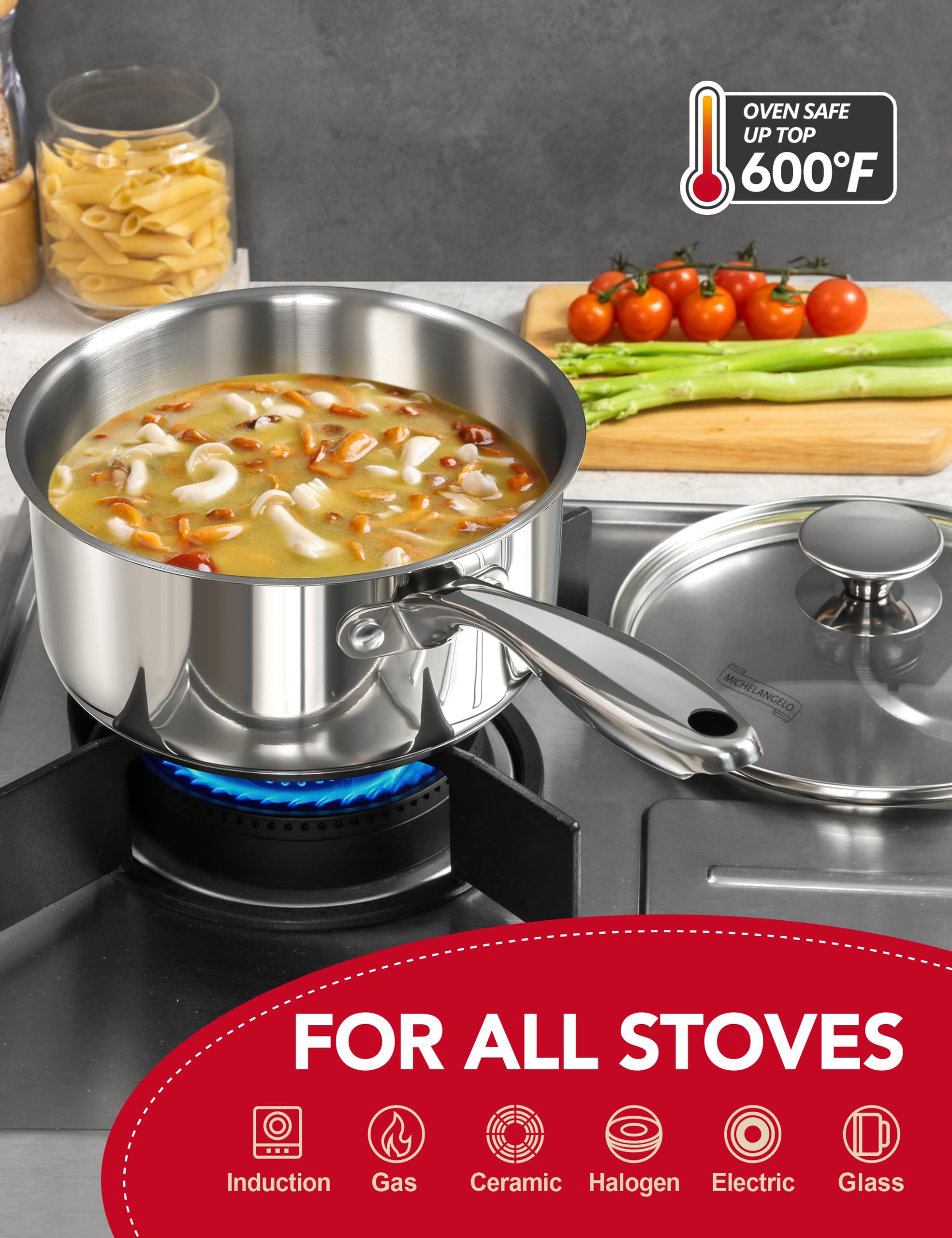 Michelangelo 3qt sauce pan with lid supports larger meals and simmering.