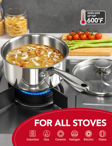 Michelangelo 3qt sauce pan with lid supports larger meals and simmering.