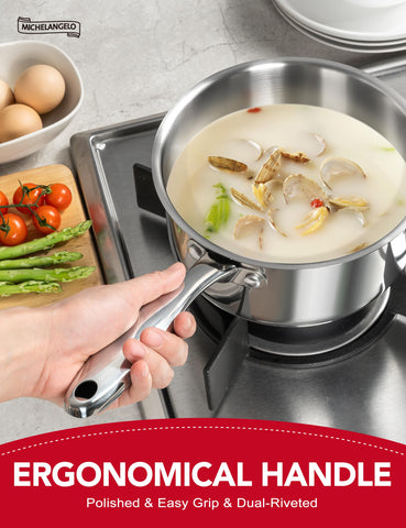 Michelangelo sauce pan with ergonomic stainless handle for comfortable, steady cooking.
