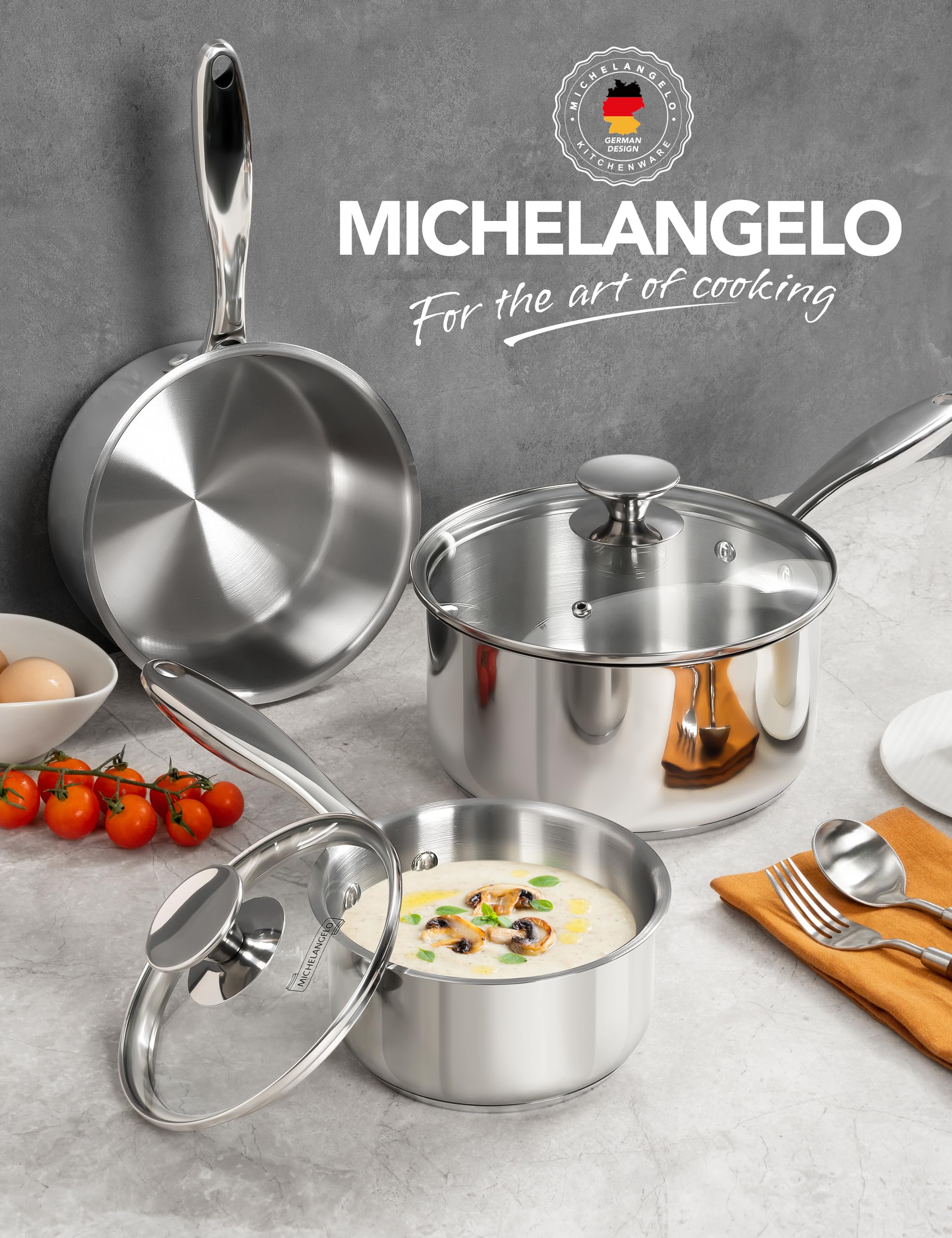Michelangelo sauce pan full set on stove demonstrates versatile stainless finish.