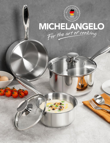 Michelangelo sauce pan full set on stove demonstrates versatile stainless finish.