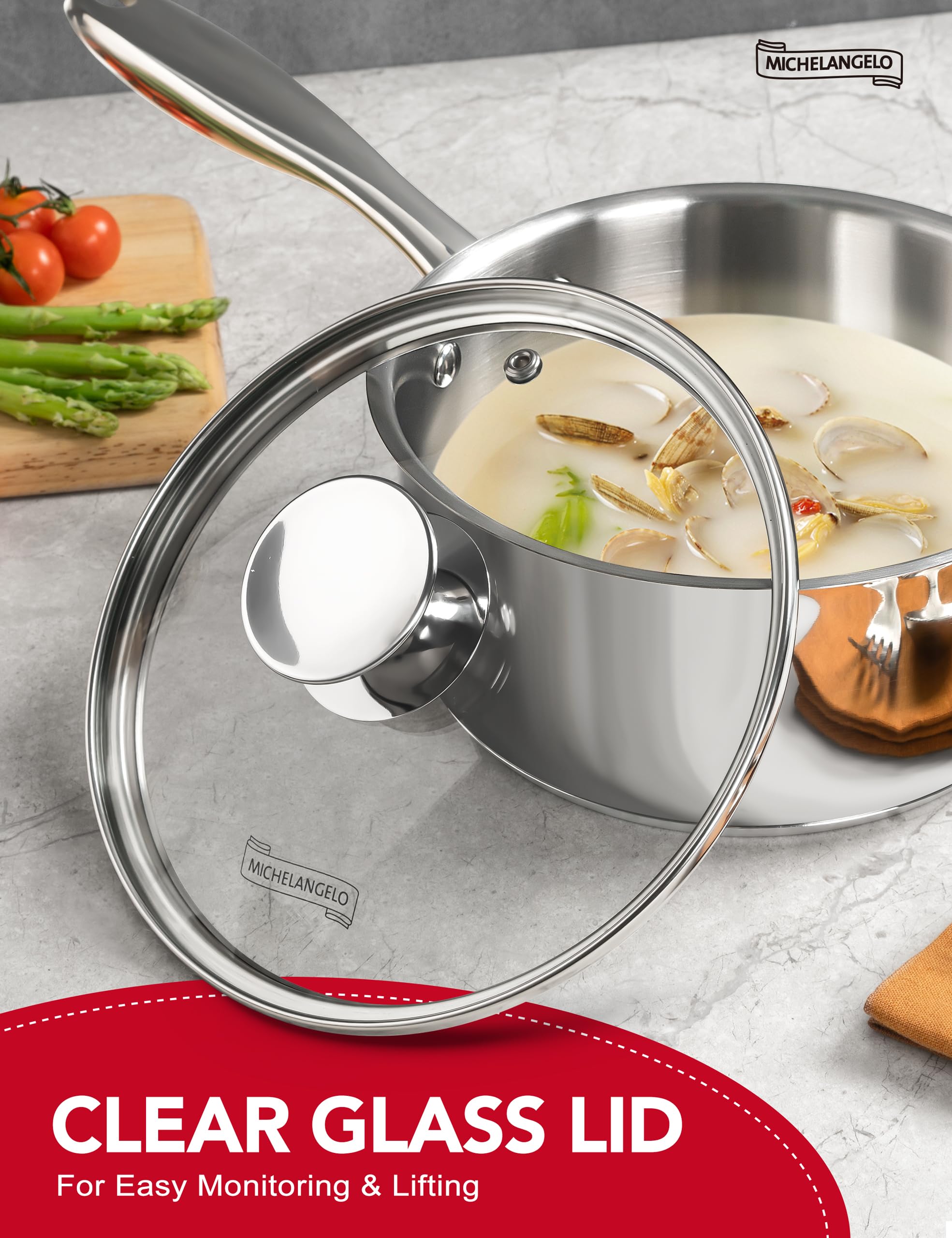 Michelangelo sauce pan glass lid close-up shows clear viewing and steam control.