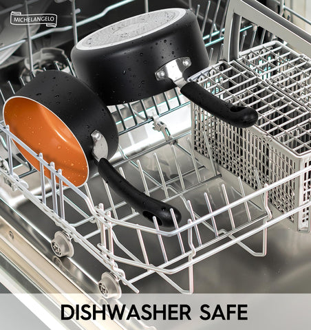 Michelangelo sauce pan set highlights copper finish for stylish, durable cookware.