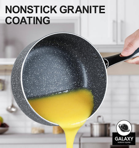 MICHELANGELO 2qt sauce pan on stove highlighting even heating and sturdy double-riveted handle.