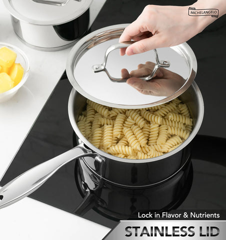 Michelangelo 2qt saucepan with lid ideal for sauces and grains.