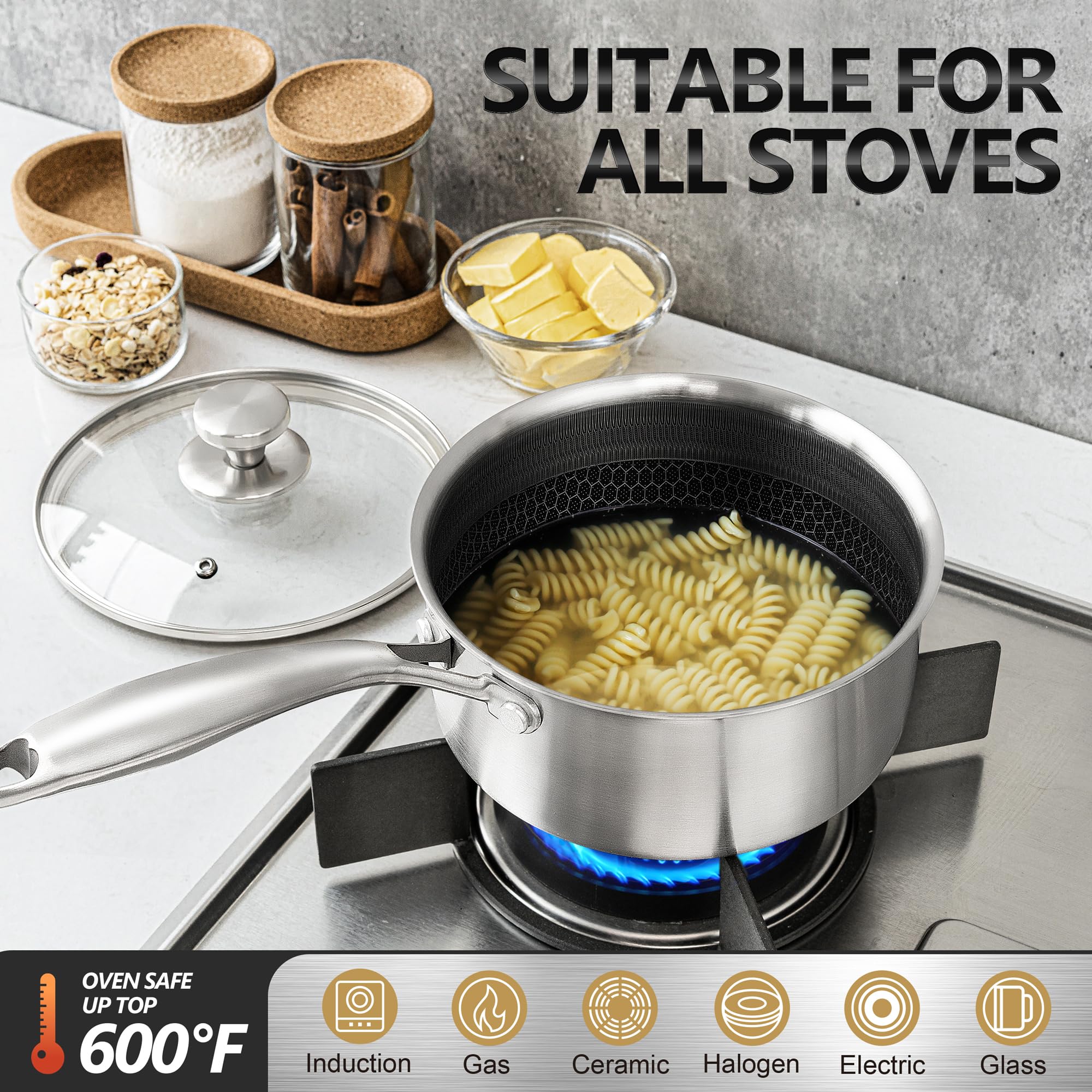 MICHELANGELO 3qt saucepan with honeycomb interior for even heating.