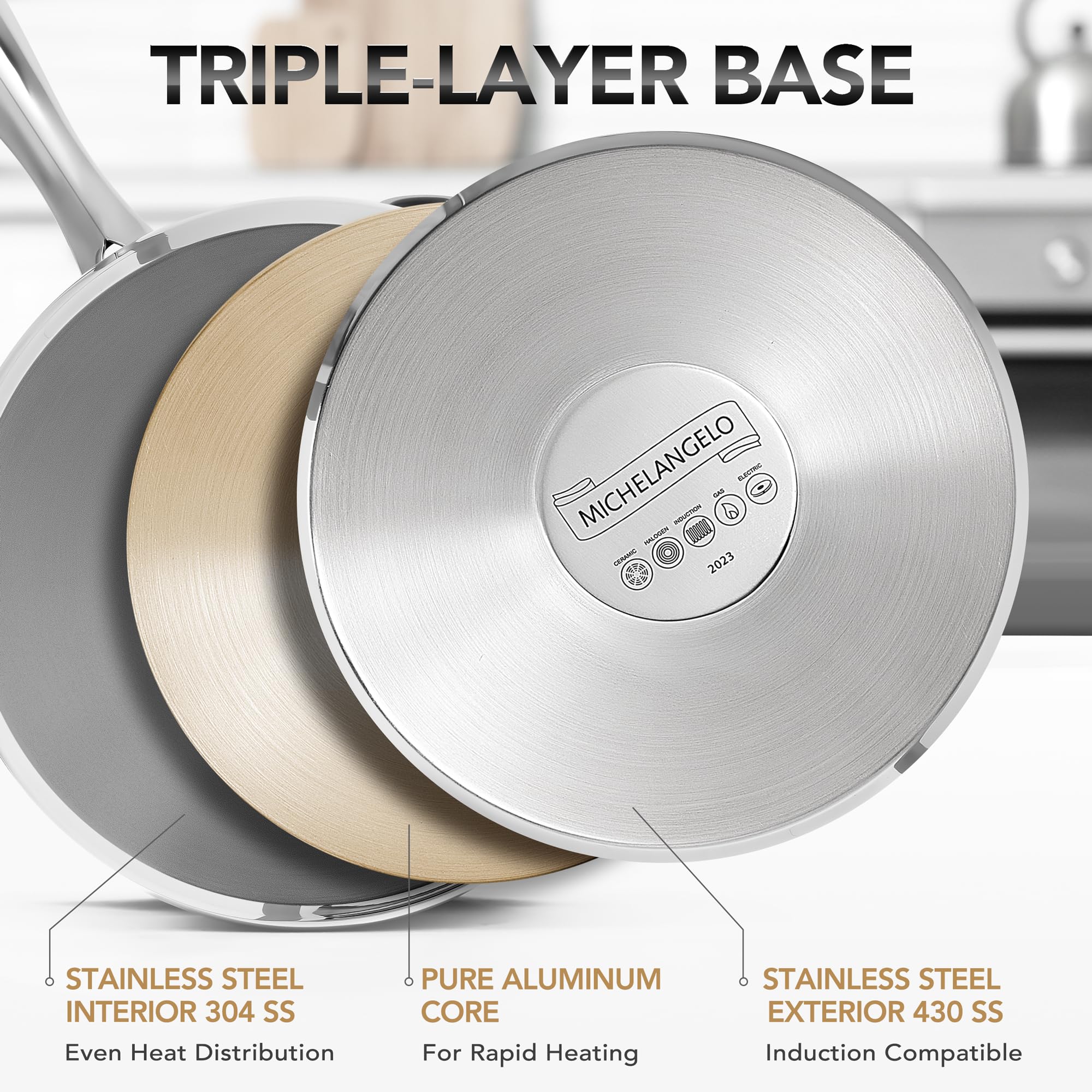 Michelangelo 3qt saucepan with lid suitable for larger portions and even heat distribution