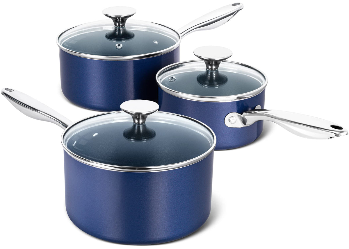 MICHELANGELO sauce pan blue exterior closeup highlights durable ceramic coating for easy release