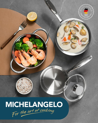 Michelangelo compact kitchen saucepan set for small spaces and easy storage