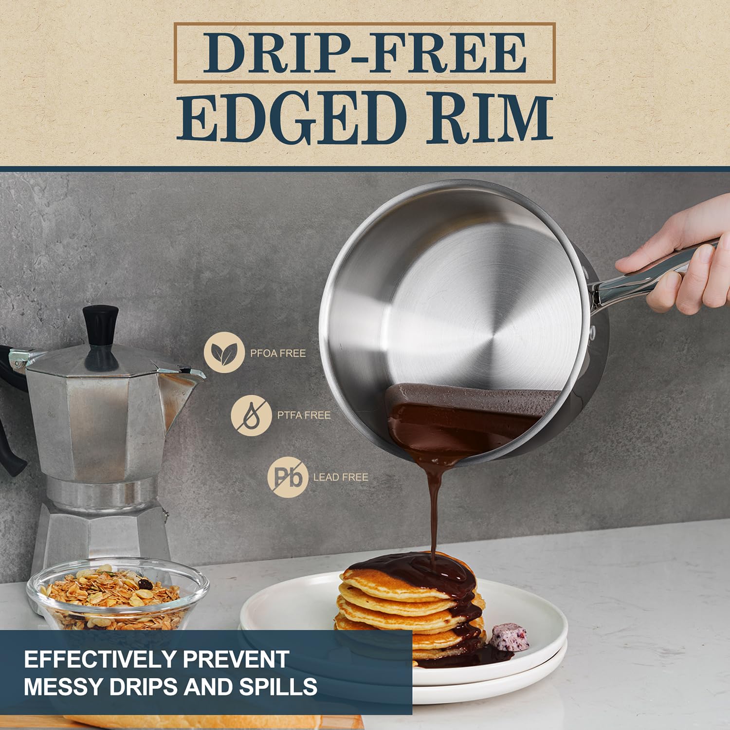 Michelangelo saucepan with drip-free pour edge for clean transfers.