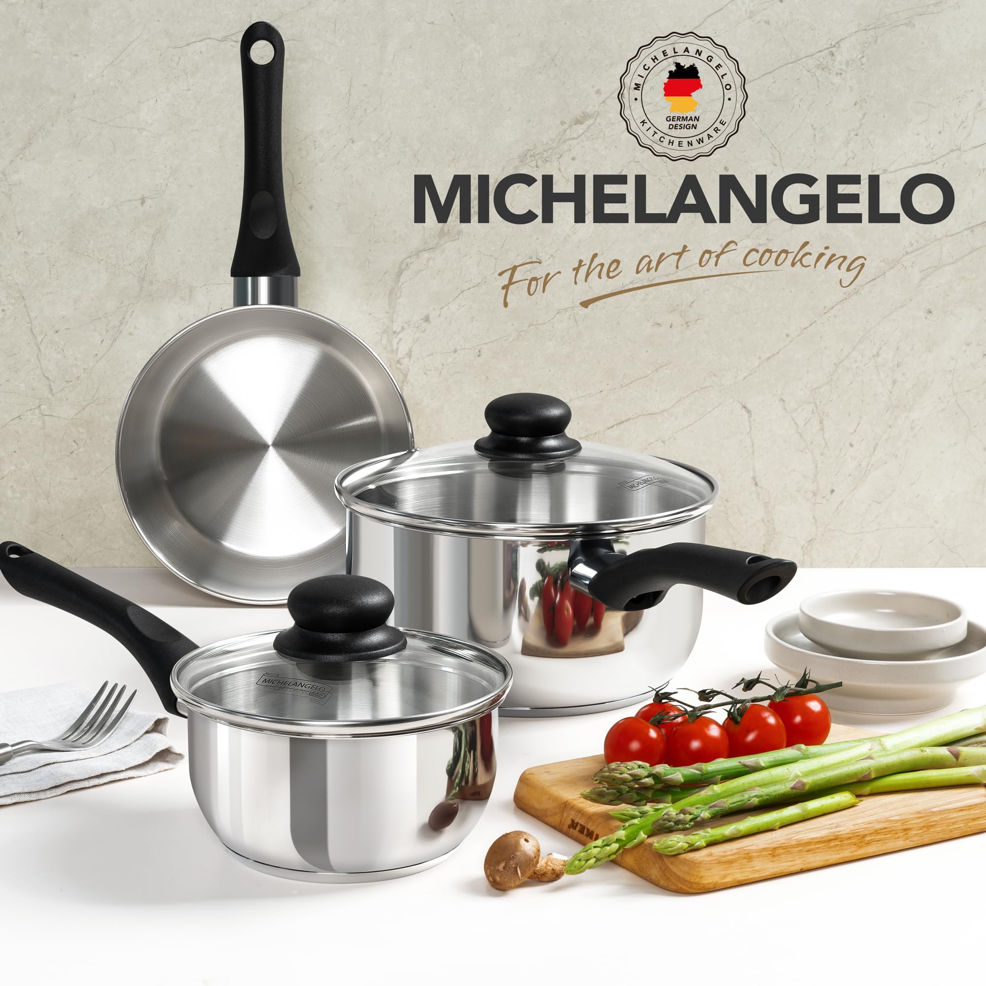 Michelangelo easy-pour rim saucepan reduces spills and keeps countertops clean