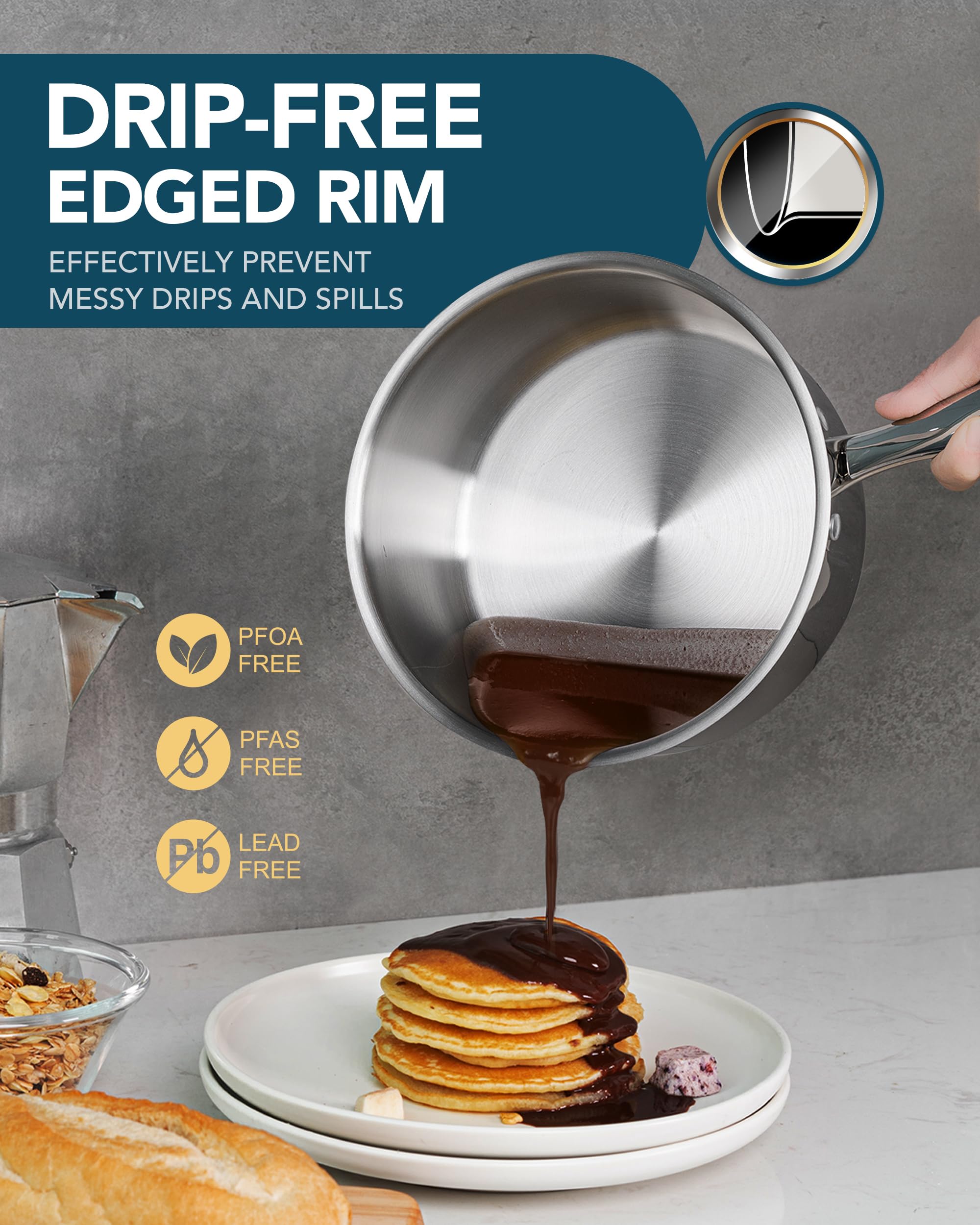 Michelangelo saucepan with flared pour edge for drip-free pouring