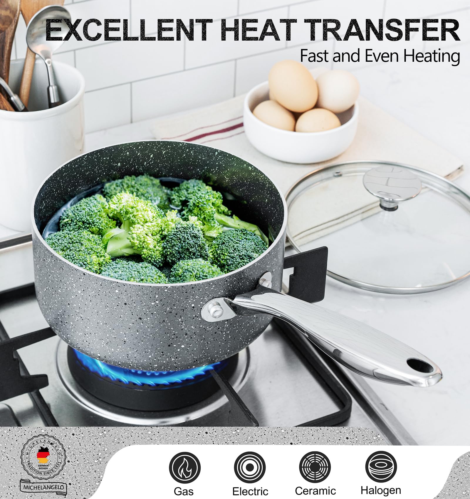 MICHELANGELO sturdy double-riveted handle provides secure kitchen control.