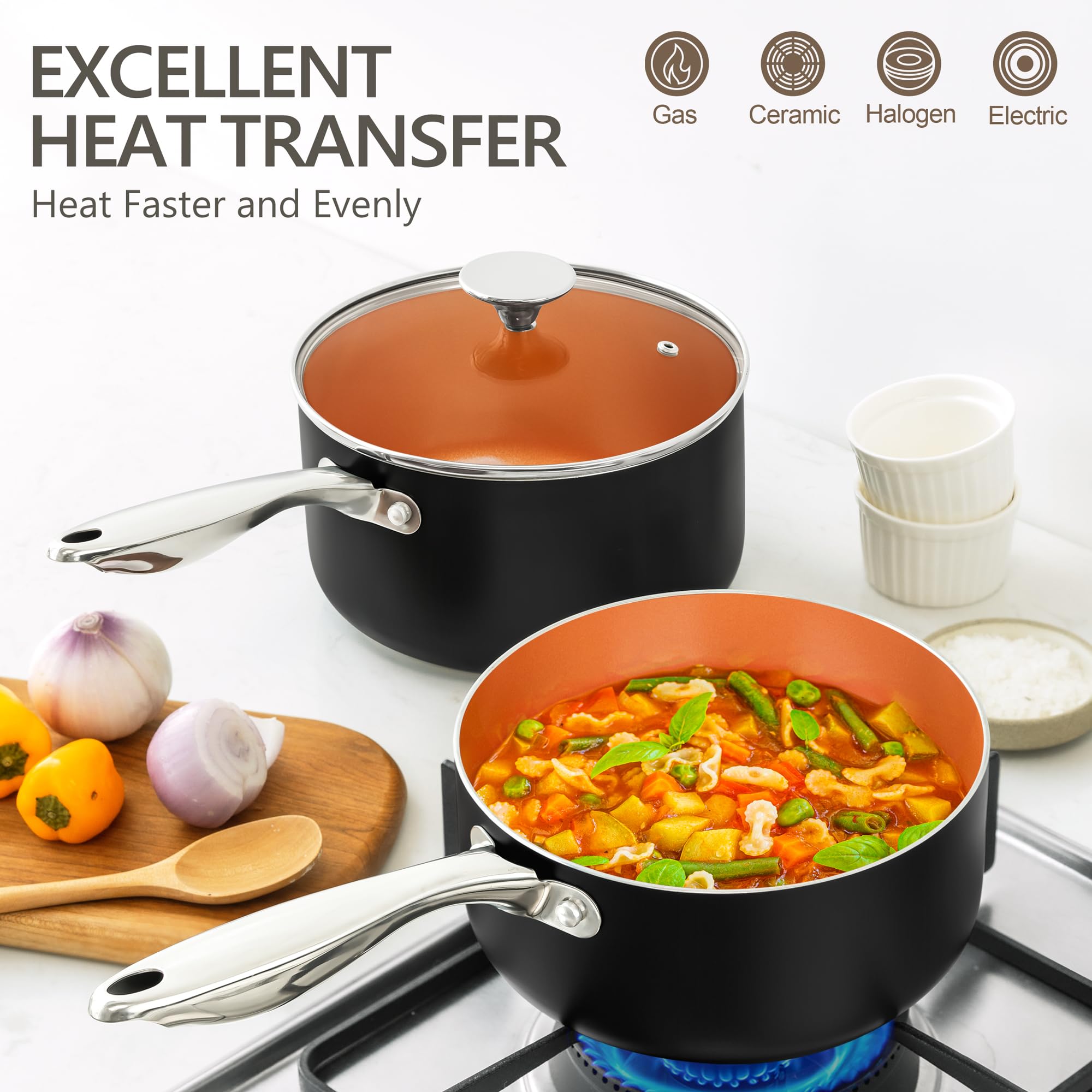 Michelangelo sauce pan handle detail: ergonomic, cool-to-touch double riveted grip.