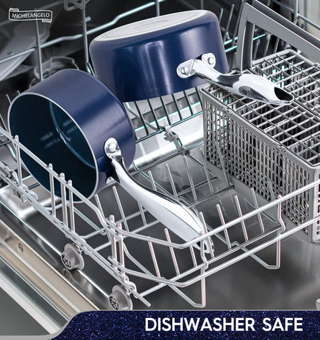 MICHELANGELO blue-lidded saucepan close-up showing durable glass lid