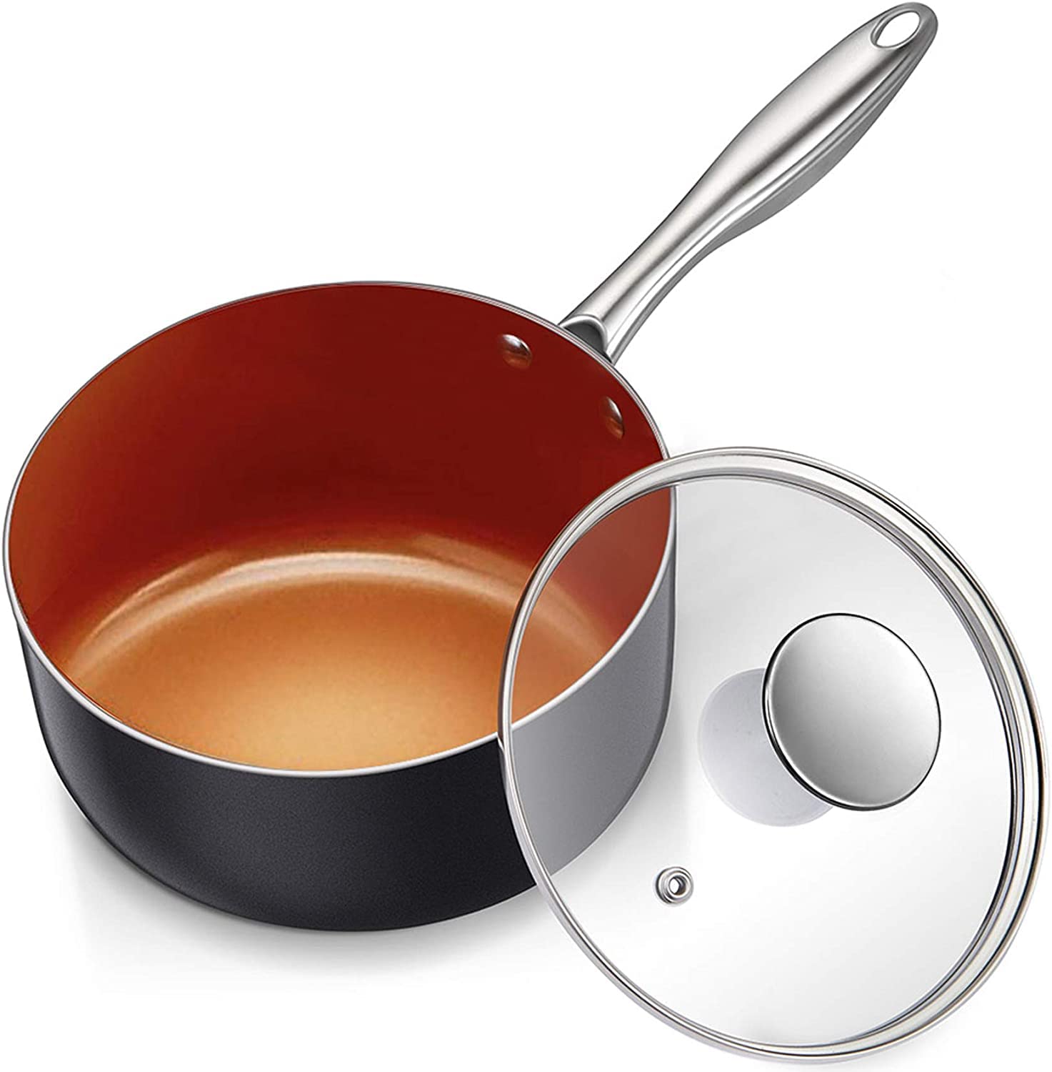 Michelangelo sauce pan with lid view showing sturdy construction for easy simmering