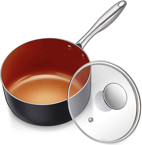 Michelangelo sauce pan with lid view showing sturdy construction for easy simmering