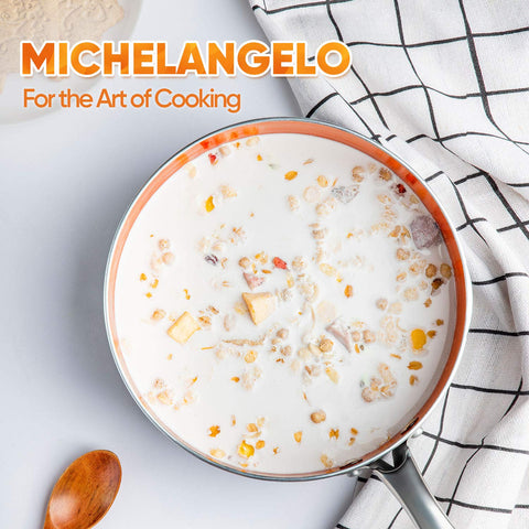 Michelangelo sauce pan on stovetop: versatile small-pot ideal for sauces or reheating.