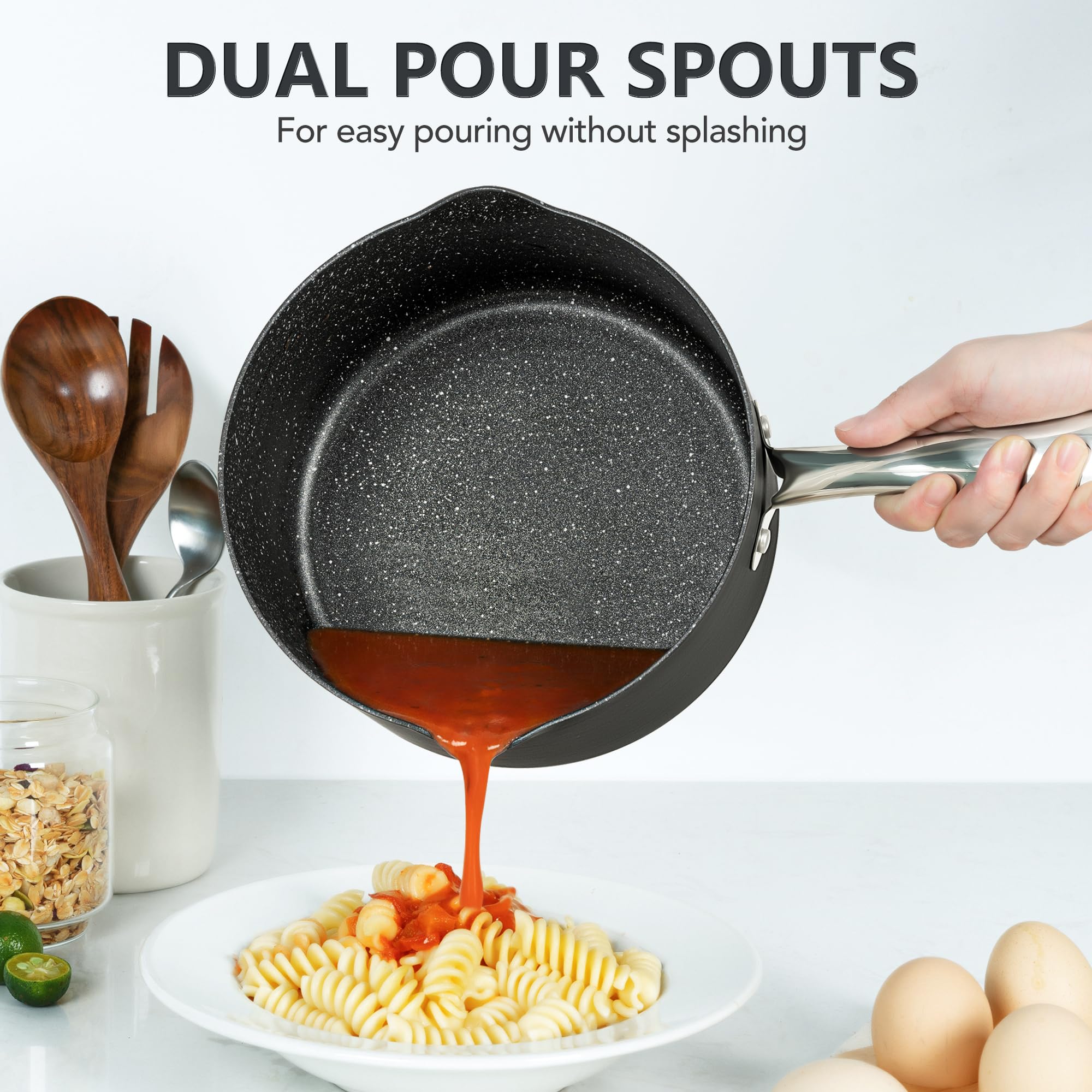 Michelangelo saucepan with pour spout lid for easy, mess-free pouring.