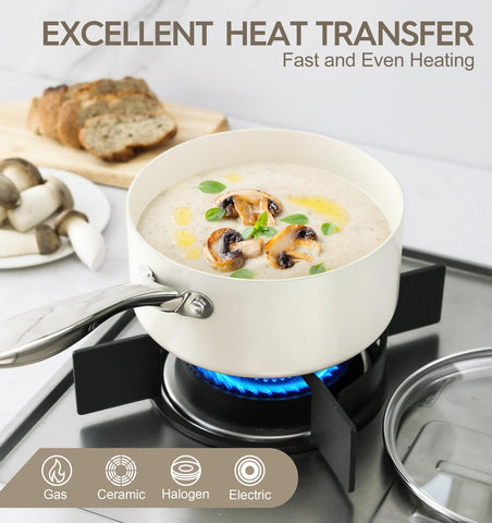 Michelangelo saucepan pouring sauce demonstrates smooth nonstick performance for clean transfers