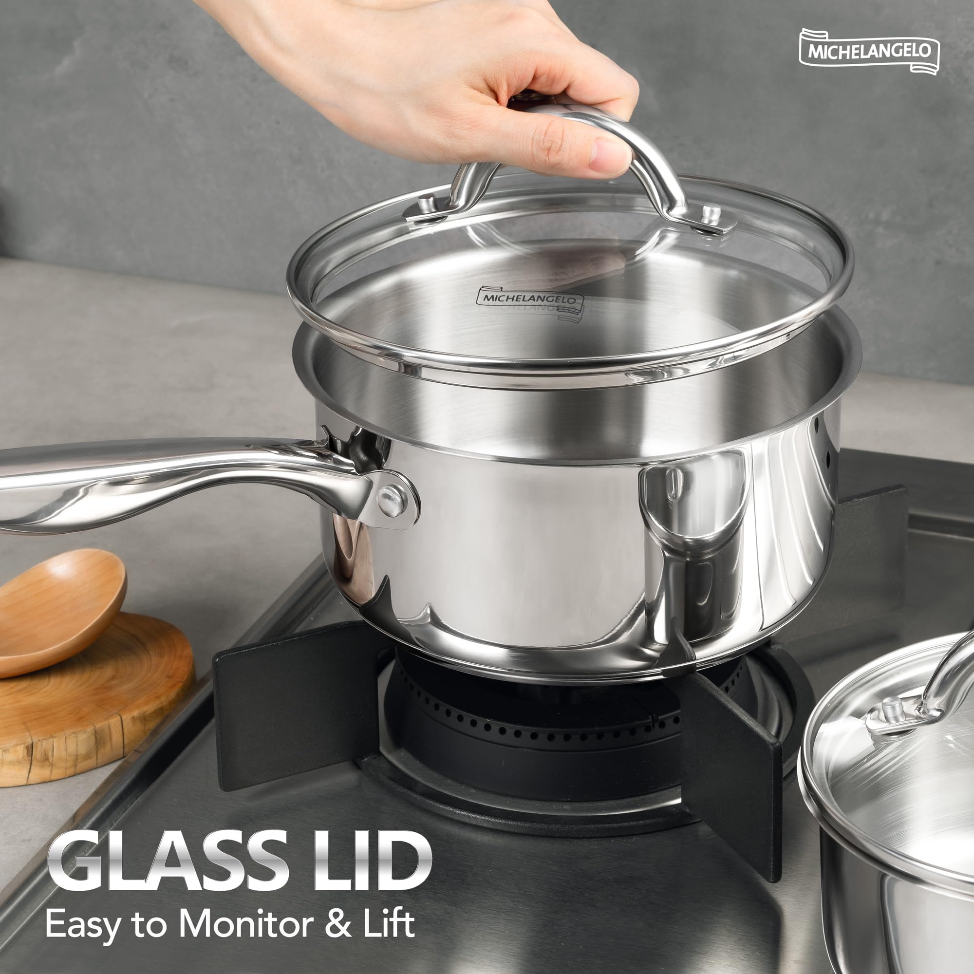 Michelangelo saucepan set 2qt with glass lid for steady simmering