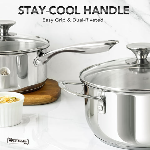 Michelangelo stainless steel saucepot set collection showcasing premium finish
