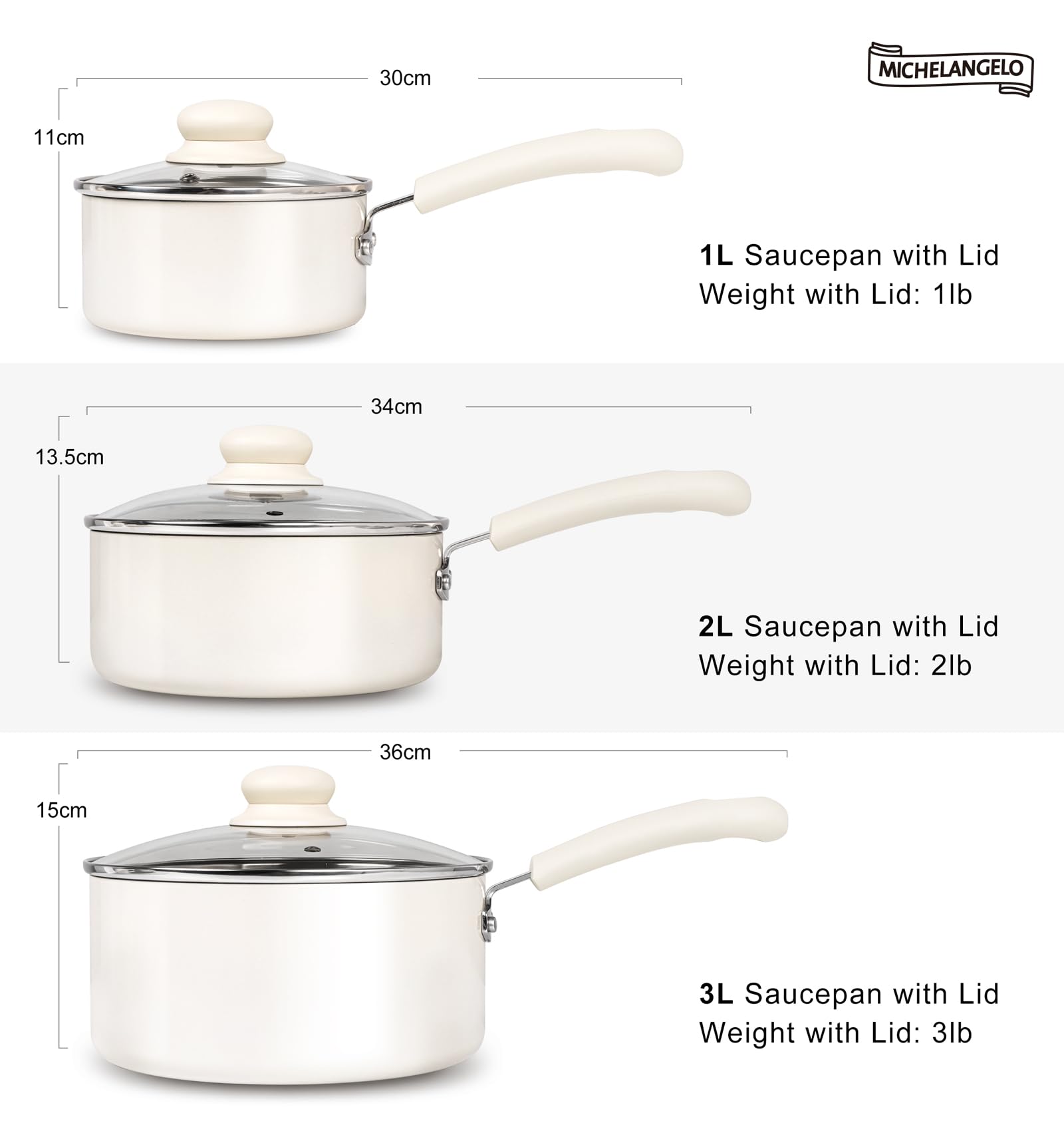 MICHELANGELO three-piece set with durable, double-riveted handles for everyday use.