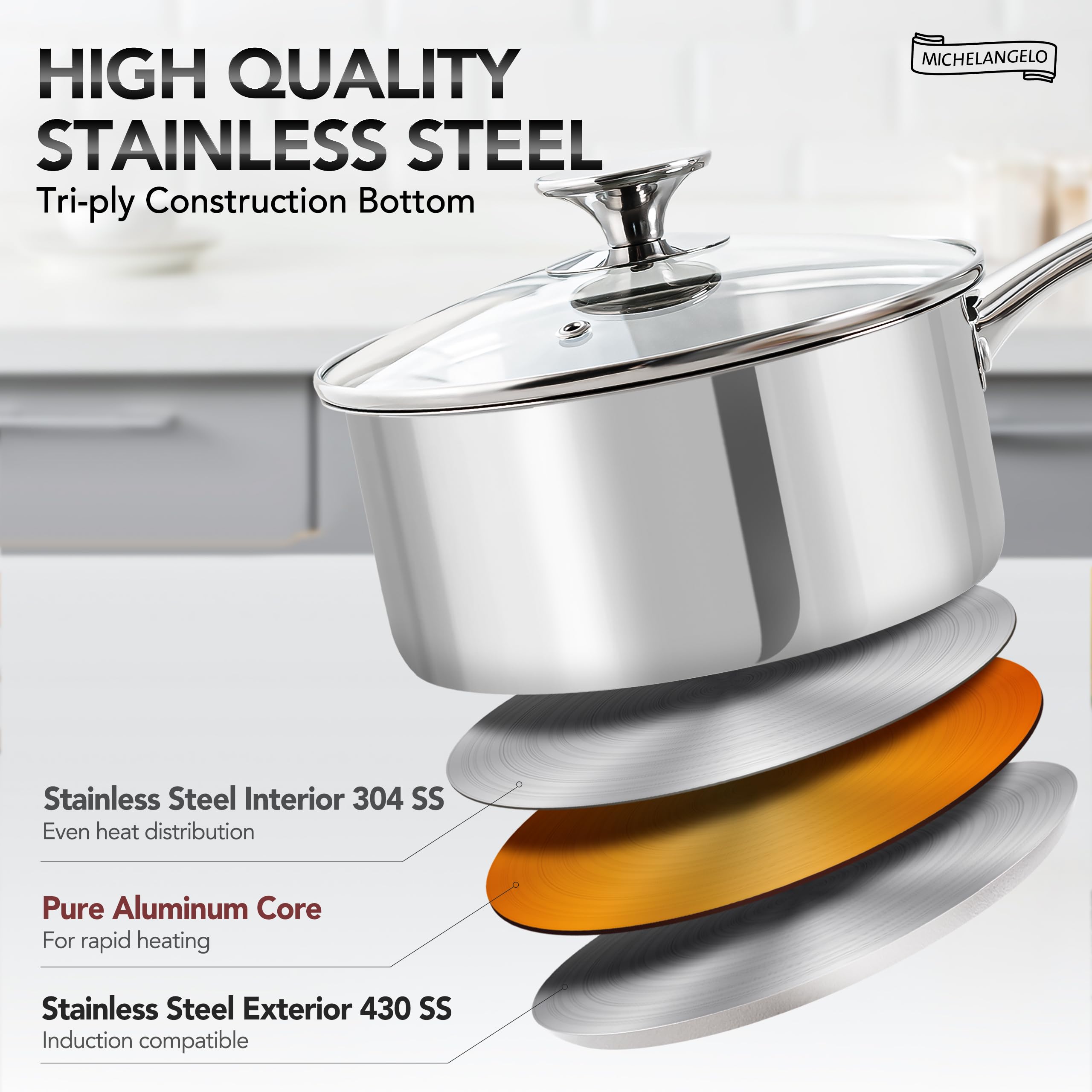 Michelangelo induction-ready saucepans compatible with various cooktops