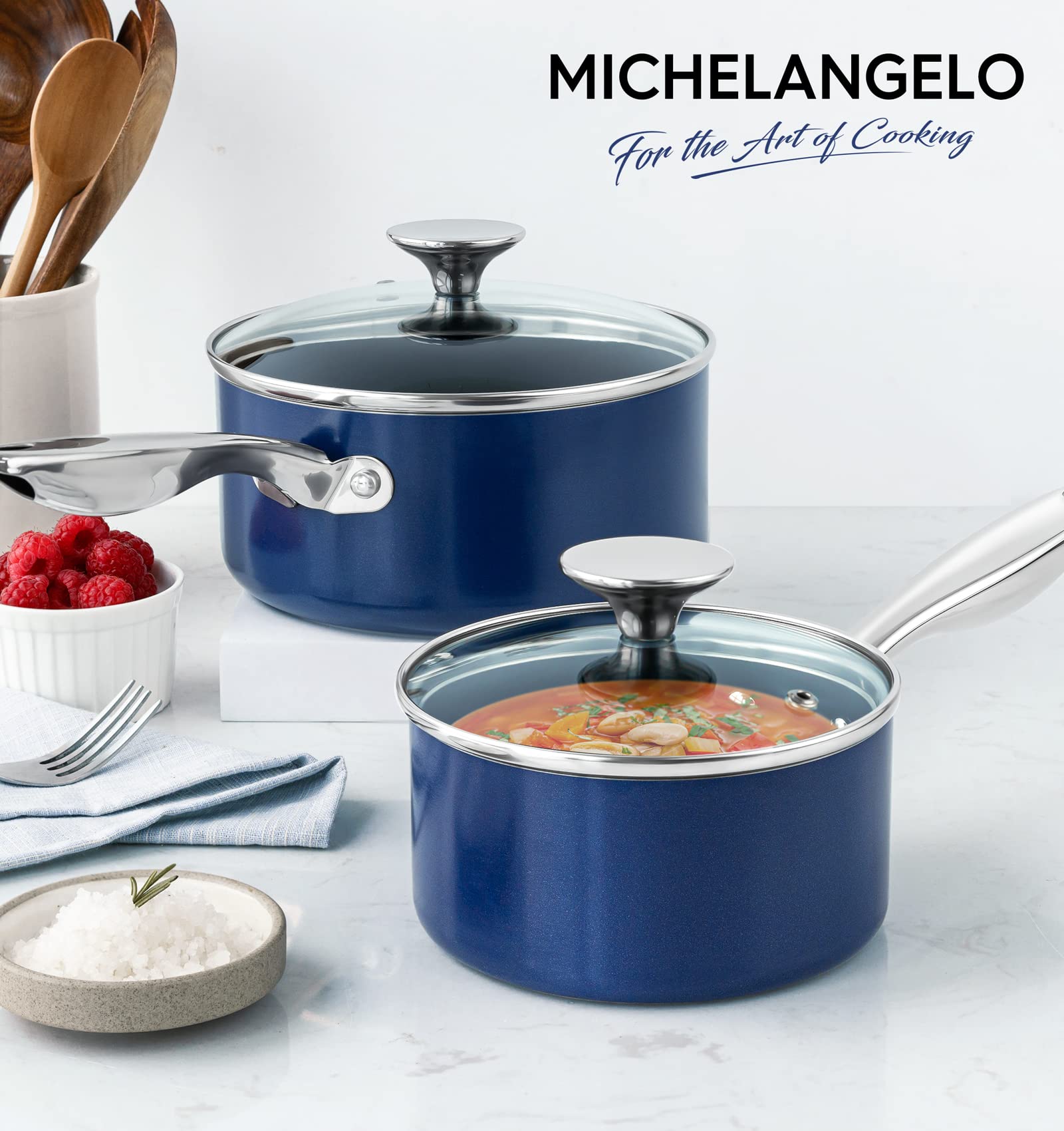 MICHELANGELO saucepan set on stove demonstrates quick, even heating