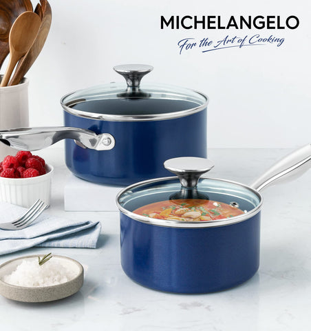 MICHELANGELO saucepan set on stove demonstrates quick, even heating