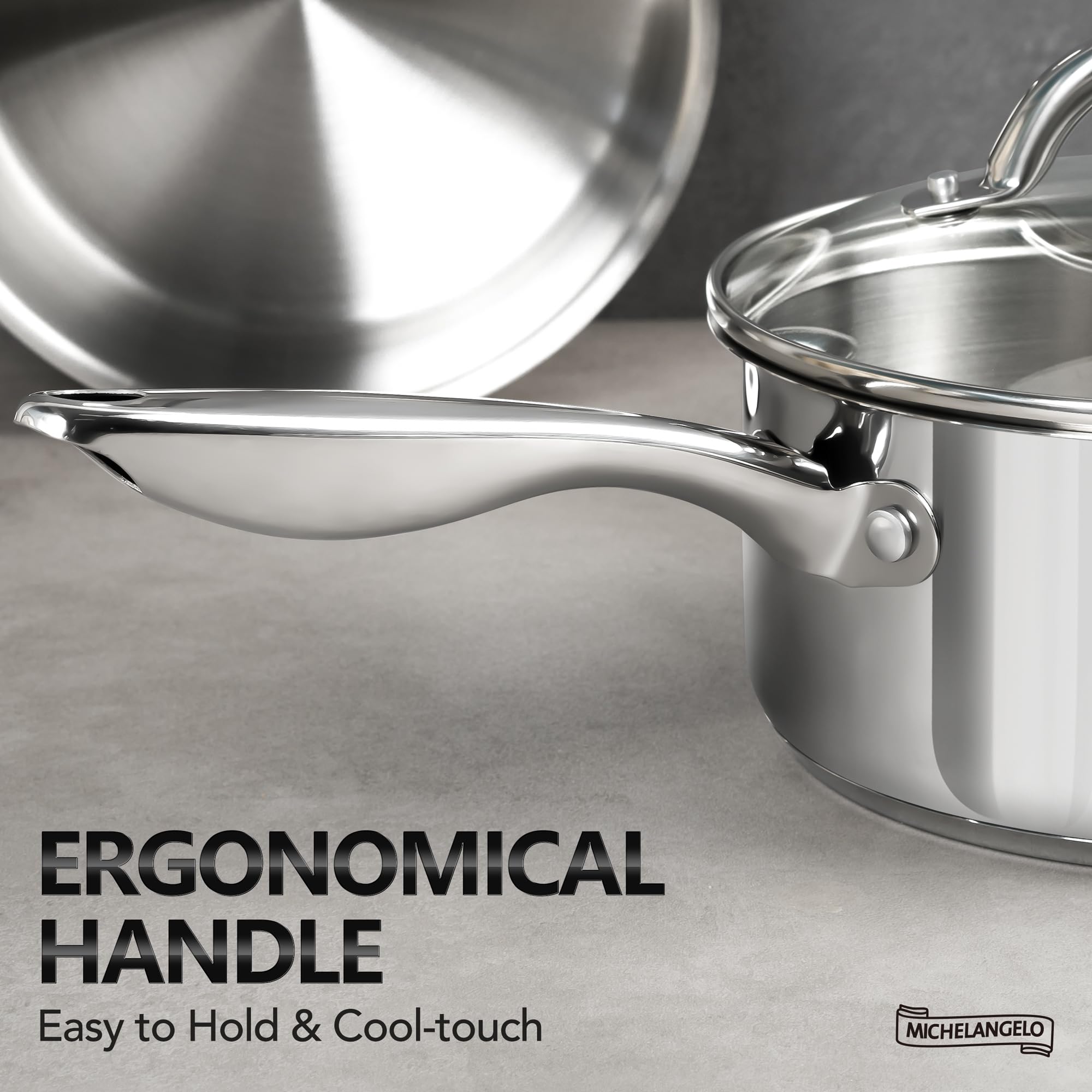 Michelangelo saucepan set triple-bottom design for even heat distribution
