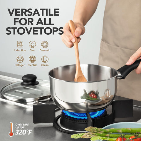 Michelangelo triple-base saucepan with aluminum core promotes even heating