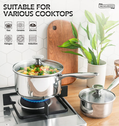 Michelangelo 1.5 qt saucepan bottom features a triple-thick core for even heating