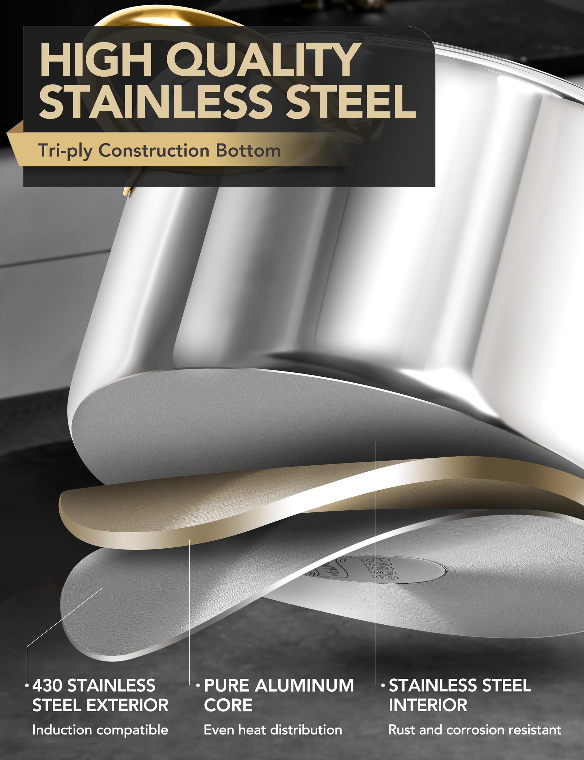 MICHELANGELO stock pot with riveted stainless-steel handles ensure a sturdy, comfortable grip.