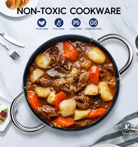 Michelangelo stock pot handle close-up highlighting durable stainless steel grip for steady stirring.